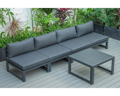 LeisureMod Chelsea 5-Piece Middle Patio Chairs and Coffee Table Set Black Aluminum with Cushions - Black