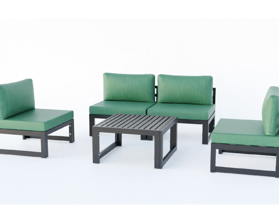 LeisureMod Chelsea 5-Piece Middle Patio Chairs and Coffee Table Set Black Aluminum with Cushions - Green