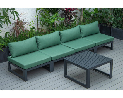 LeisureMod Chelsea 5-Piece Middle Patio Chairs and Coffee Table Set Black Aluminum with Cushions - Green