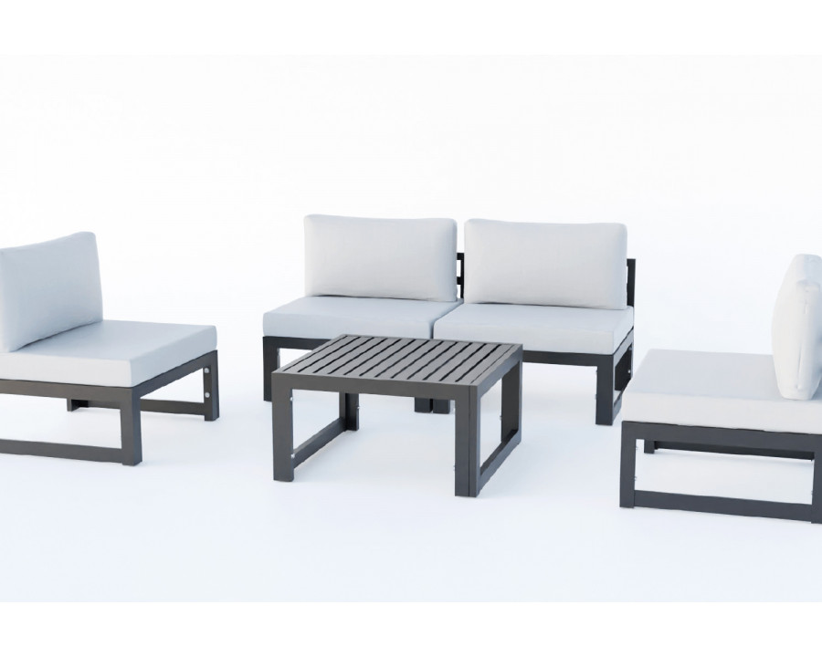 LeisureMod Chelsea 5-Piece Middle Patio Chairs and Coffee Table Set Black Aluminum with Cushions - Light Gray