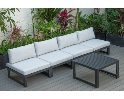 LeisureMod Chelsea 5-Piece Middle Patio Chairs and Coffee Table Set Black Aluminum with Cushions - Light Gray