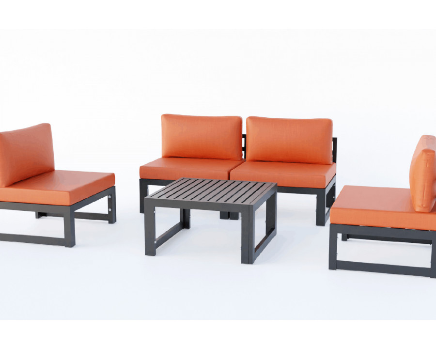 LeisureMod Chelsea 5-Piece Middle Patio Chairs and Coffee Table Set Black Aluminum with Cushions - Orange