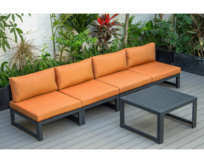 LeisureMod Chelsea 5-Piece Middle Patio Chairs and Coffee Table Set Black Aluminum with Cushions - Orange