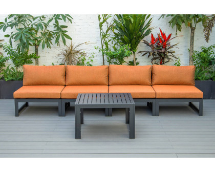 LeisureMod Chelsea 5-Piece Middle Patio Chairs and Coffee Table Set Black Aluminum with Cushions - Orange