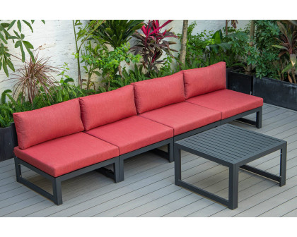 LeisureMod Chelsea 5-Piece Middle Patio Chairs and Coffee Table Set Black Aluminum with Cushions - Red