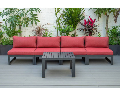 LeisureMod Chelsea 5-Piece Middle Patio Chairs and Coffee Table Set Black Aluminum with Cushions - Red