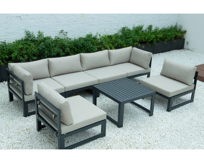 LeisureMod Chelsea 7-Piece Patio Sectional and Coffee Table Set Black Aluminum with Cushions - Beige