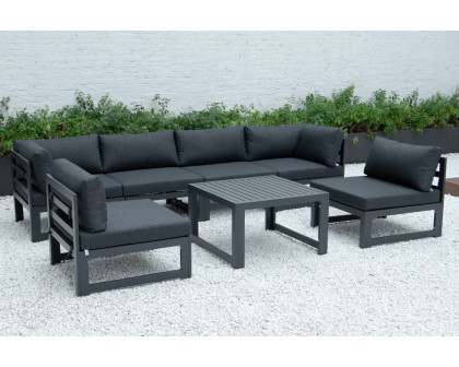 LeisureMod Chelsea 7-Piece Patio Sectional and Coffee Table Set Black Aluminum with Cushions