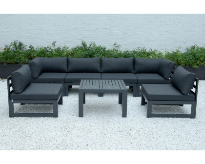 LeisureMod Chelsea 7-Piece Patio Sectional and Coffee Table Set Black Aluminum with Cushions - Black