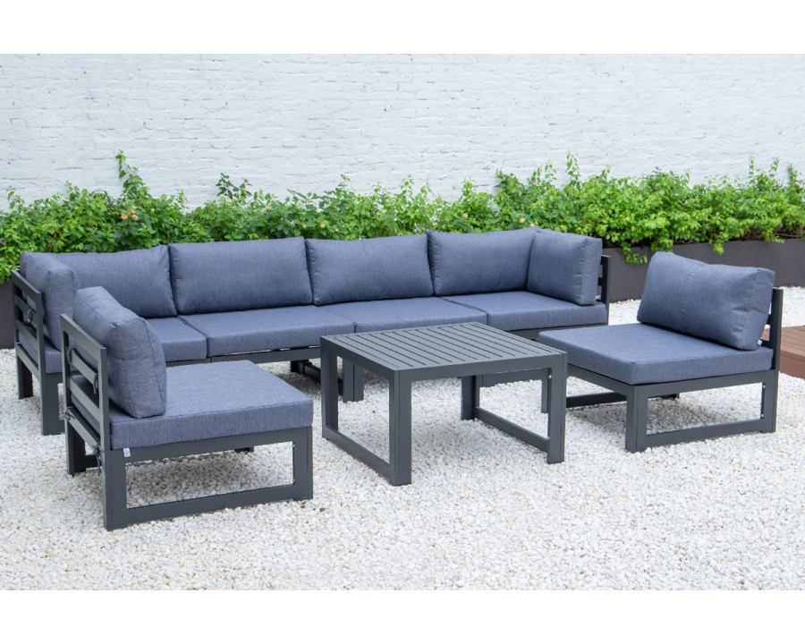 LeisureMod Chelsea 7-Piece Patio Sectional and Coffee Table Set Black Aluminum with Cushions - Blue