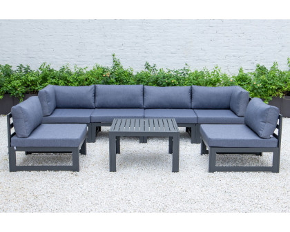 LeisureMod Chelsea 7-Piece Patio Sectional and Coffee Table Set Black Aluminum with Cushions - Blue