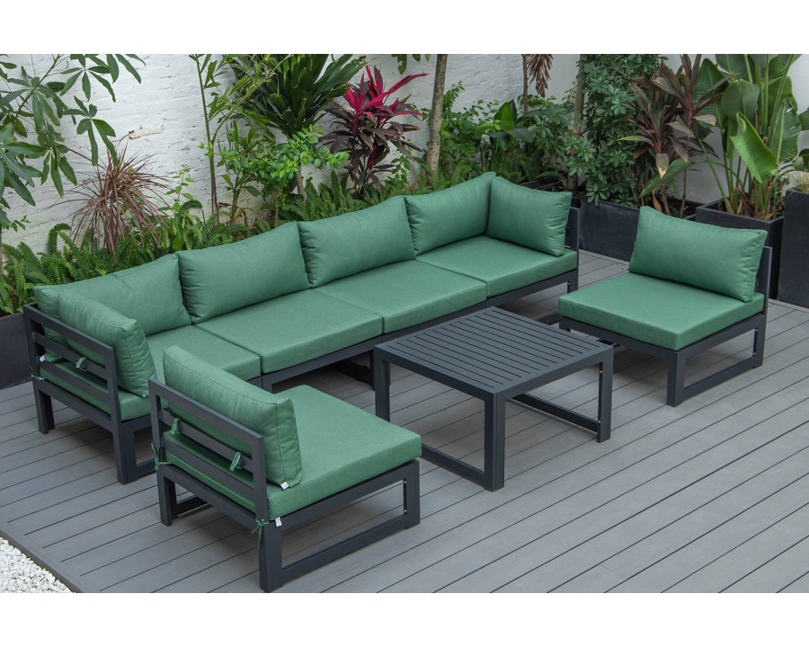 LeisureMod Chelsea 7-Piece Patio Sectional and Coffee Table Set Black Aluminum with Cushions