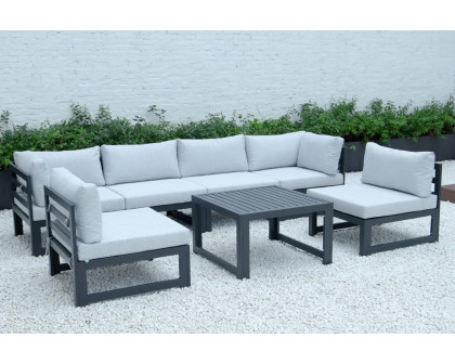 LeisureMod Chelsea 7-Piece Patio Sectional and Coffee Table Set Black Aluminum with Cushions