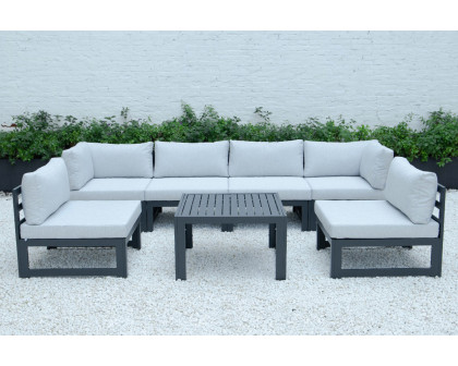 LeisureMod Chelsea 7-Piece Patio Sectional and Coffee Table Set Black Aluminum with Cushions - Light Gray