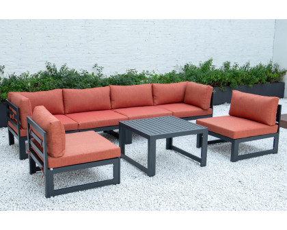 LeisureMod Chelsea 7-Piece Patio Sectional and Coffee Table Set Black Aluminum with Cushions