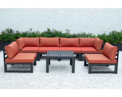 LeisureMod Chelsea 7-Piece Patio Sectional and Coffee Table Set Black Aluminum with Cushions - Orange