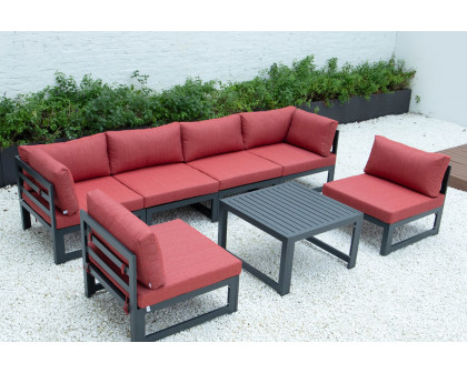 LeisureMod Chelsea 7-Piece Patio Sectional and Coffee Table Set Black Aluminum with Cushions