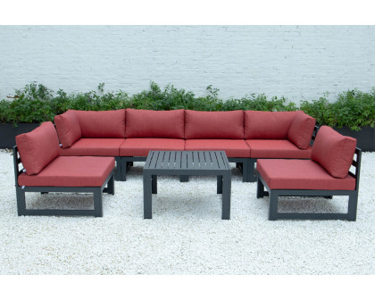 LeisureMod Chelsea 7-Piece Patio Sectional and Coffee Table Set Black Aluminum with Cushions - Red