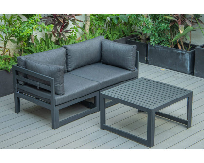 LeisureMod Chelsea 3-Piece Sectional Loveseat and Coffee Table Set Black Aluminum with Cushions