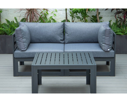 LeisureMod Chelsea 3-Piece Sectional Loveseat and Coffee Table Set Black Aluminum with Cushions - Blue