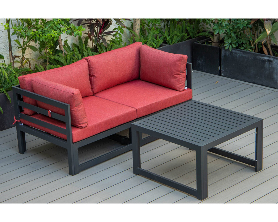 LeisureMod Chelsea 3-Piece Sectional Loveseat and Coffee Table Set Black Aluminum with Cushions - Red