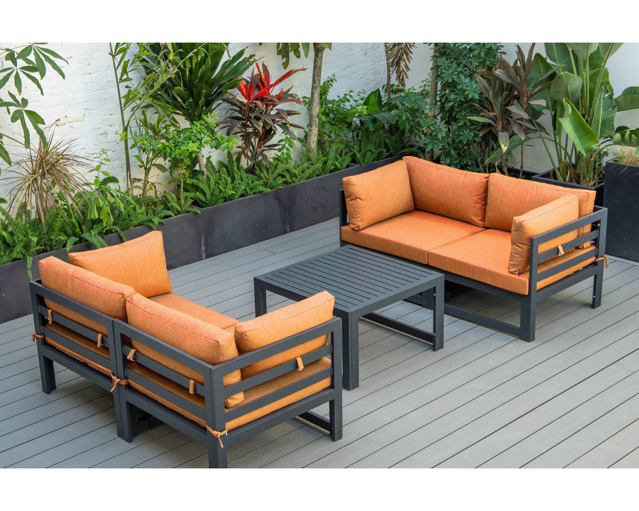 LeisureMod Chelsea 5-Piece Sectional Loveseat and Coffee Table Set Black Aluminum with Cushions - Orange