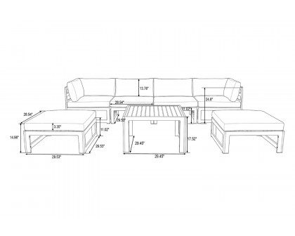 LeisureMod Chelsea 7-Piece Patio Ottoman Sectional and Coffee Table Set Black Aluminum with Cushions - Beige