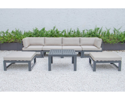 LeisureMod Chelsea 7-Piece Patio Ottoman Sectional and Coffee Table Set Black Aluminum with Cushions