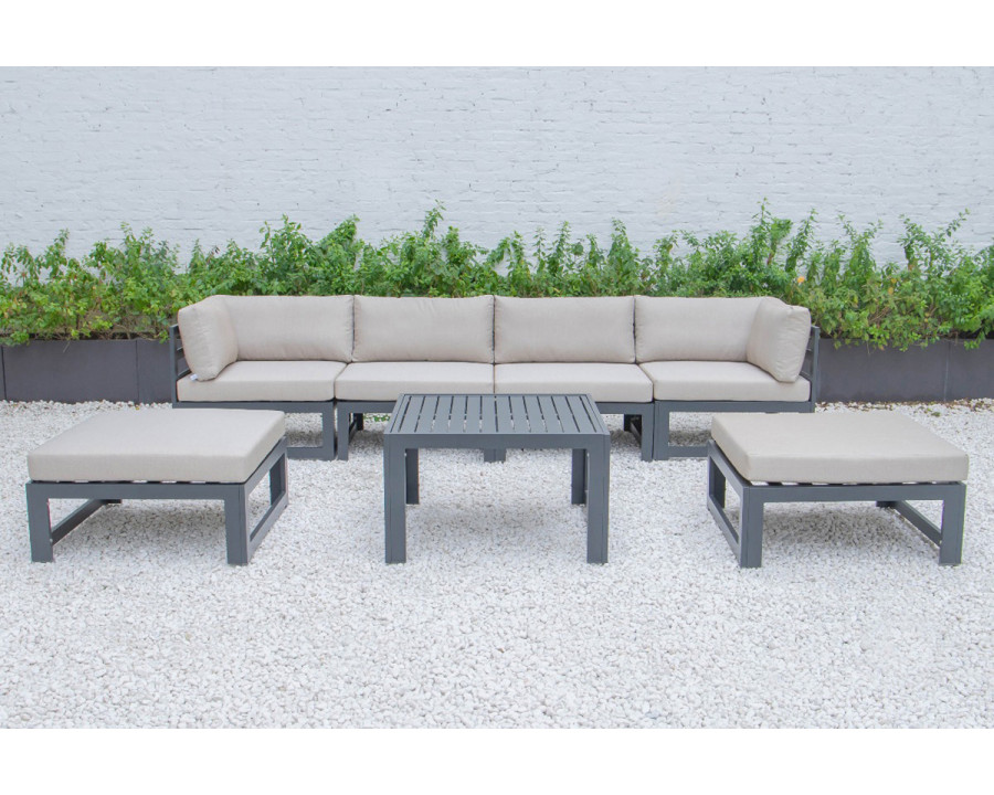 LeisureMod Chelsea 7-Piece Patio Ottoman Sectional and Coffee Table Set Black Aluminum with Cushions - Beige