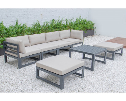 LeisureMod Chelsea 7-Piece Patio Ottoman Sectional and Coffee Table Set Black Aluminum with Cushions - Beige