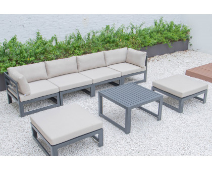 LeisureMod Chelsea 7-Piece Patio Ottoman Sectional and Coffee Table Set Black Aluminum with Cushions - Beige