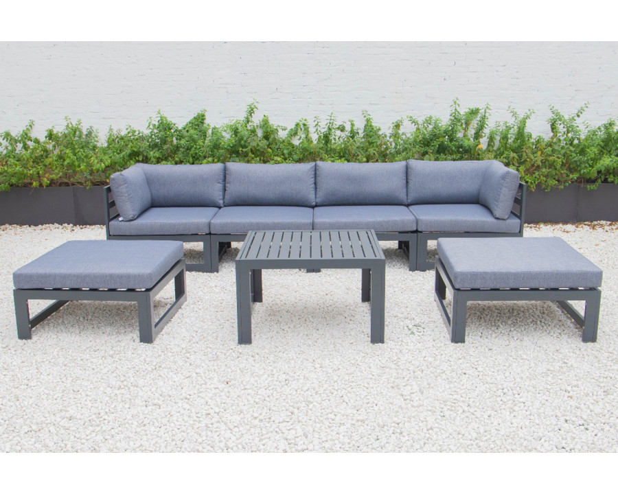 LeisureMod Chelsea 7-Piece Patio Ottoman Sectional and Coffee Table Set Black Aluminum with Cushions - Blue