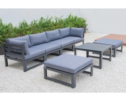 LeisureMod Chelsea 7-Piece Patio Ottoman Sectional and Coffee Table Set Black Aluminum with Cushions - Blue