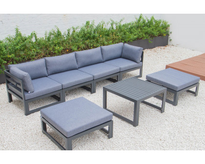 LeisureMod Chelsea 7-Piece Patio Ottoman Sectional and Coffee Table Set Black Aluminum with Cushions - Blue