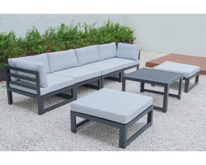 LeisureMod Chelsea 7-Piece Patio Ottoman Sectional and Coffee Table Set Black Aluminum with Cushions - Light Gray