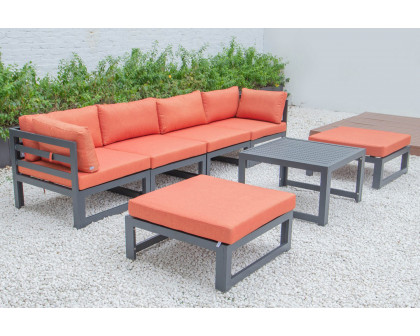 LeisureMod Chelsea 7-Piece Patio Ottoman Sectional and Coffee Table Set Black Aluminum with Cushions - Orange