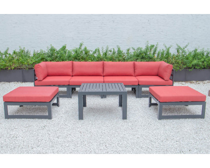 LeisureMod Chelsea 7-Piece Patio Ottoman Sectional and Coffee Table Set Black Aluminum with Cushions