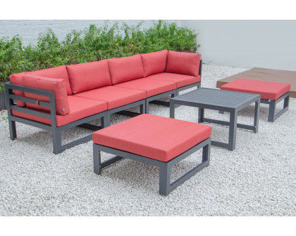 LeisureMod Chelsea 7-Piece Patio Ottoman Sectional and Coffee Table Set Black Aluminum with Cushions - Red