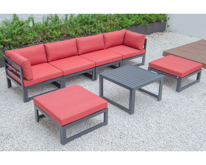 LeisureMod Chelsea 7-Piece Patio Ottoman Sectional and Coffee Table Set Black Aluminum with Cushions - Red