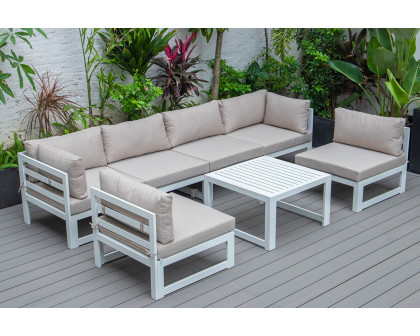 LeisureMod Chelsea 7-Piece Patio Sectional and Coffee Table Set Black Aluminum with Cushions