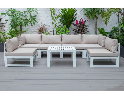 LeisureMod Chelsea 7-Piece Patio Sectional and Coffee Table Set In White Aluminum with Cushions - Beige