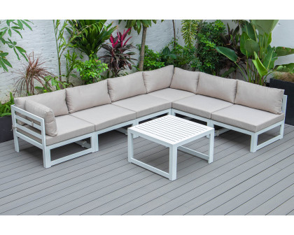 LeisureMod Chelsea 7-Piece Patio Sectional and Coffee Table Set In White Aluminum with Cushions - Beige