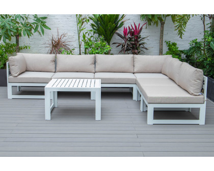 LeisureMod Chelsea 7-Piece Patio Sectional and Coffee Table Set In White Aluminum with Cushions - Beige