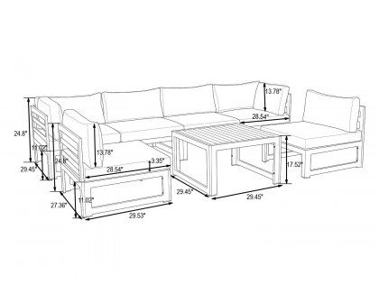 LeisureMod Chelsea 7-Piece Patio Sectional and Coffee Table Set In White Aluminum with Cushions - Black