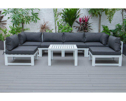 LeisureMod Chelsea 7-Piece Patio Sectional and Coffee Table Set In White Aluminum with Cushions - Black