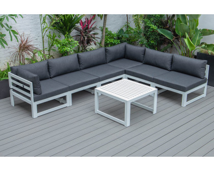 LeisureMod Chelsea 7-Piece Patio Sectional and Coffee Table Set In White Aluminum with Cushions - Black