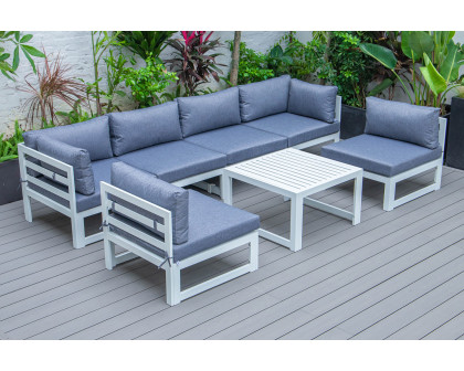 LeisureMod Chelsea 7-Piece Patio Sectional and Coffee Table Set Black Aluminum with Cushions