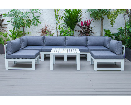 LeisureMod Chelsea 7-Piece Patio Sectional and Coffee Table Set In White Aluminum with Cushions - Blue