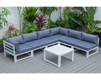 LeisureMod Chelsea 7-Piece Patio Sectional and Coffee Table Set In White Aluminum with Cushions - Blue