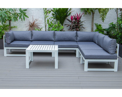 LeisureMod Chelsea 7-Piece Patio Sectional and Coffee Table Set In White Aluminum with Cushions - Blue